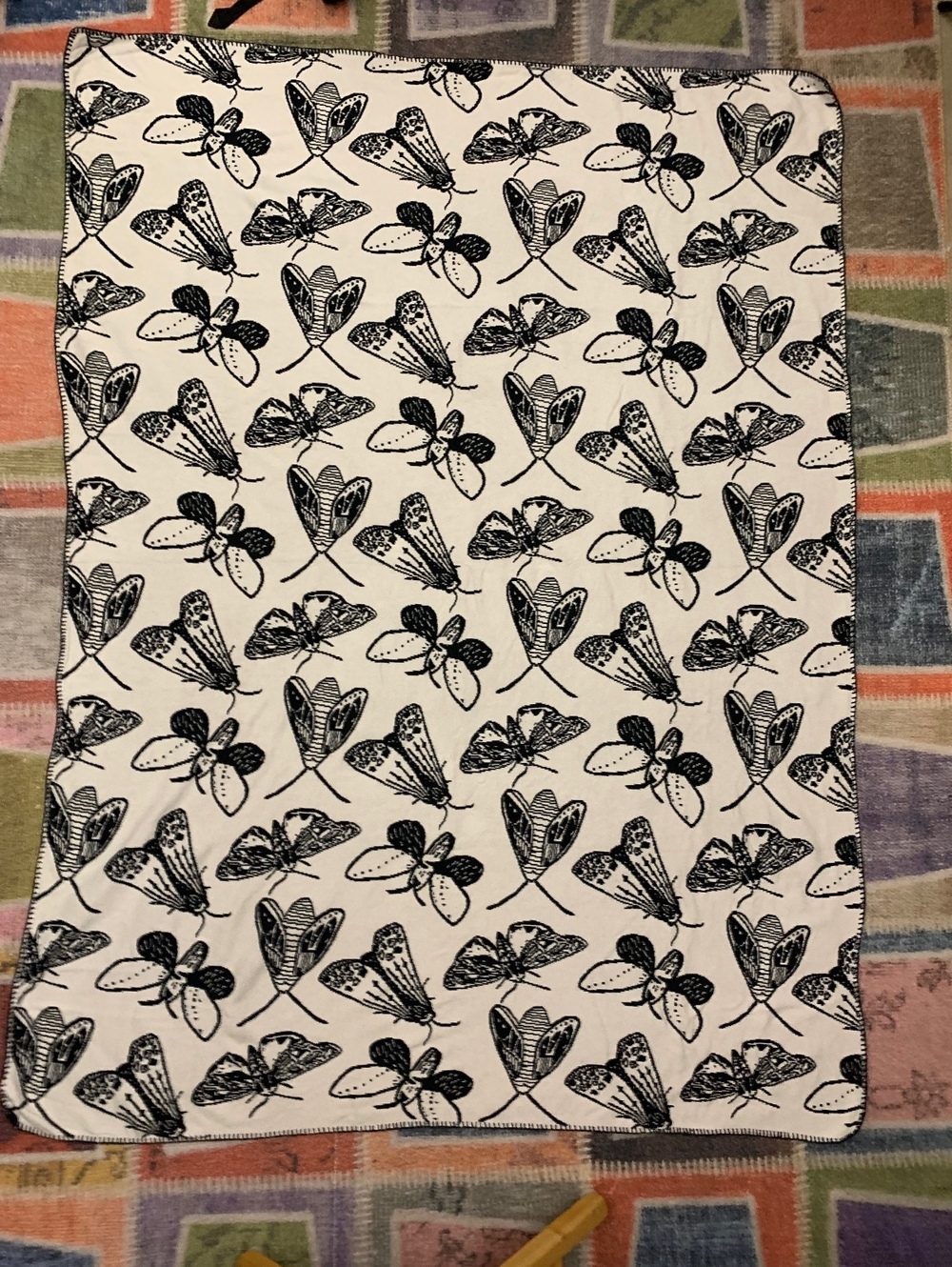 Reversible Black White Moth Print Fleece Throw Blanket Insect Entomology Cottage